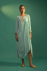 Sea Green Draped Crepe Dress – Festive Wear