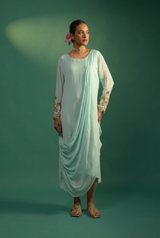 Mint Blue Georgette Drape Dress – Party Wear